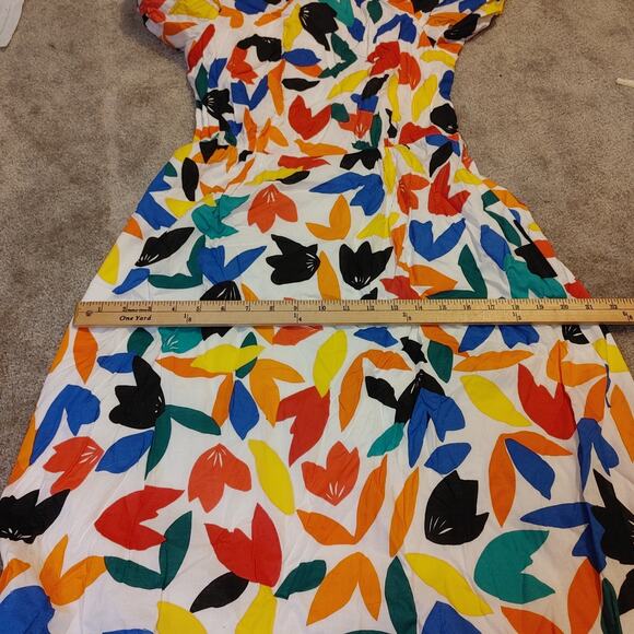 Calvin Klein Size 6 Dress Vibrant Abstract Puff Sleeve Midi Cotton Unique Trendy - Picture 6 of 10